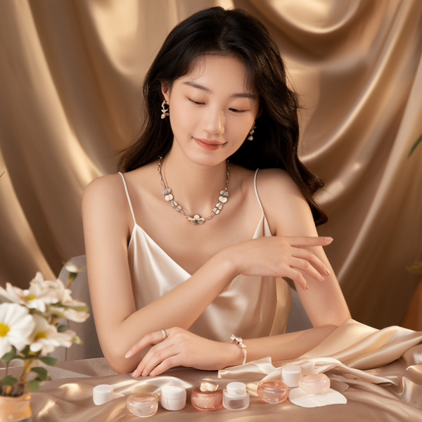 生活瞬间，美女，韩系美女，丝绸，美妆广告，家庭餐桌，4K超清，写实风格，温馨，柔和室内光，细腻皮肤，项链，耳环，手链。