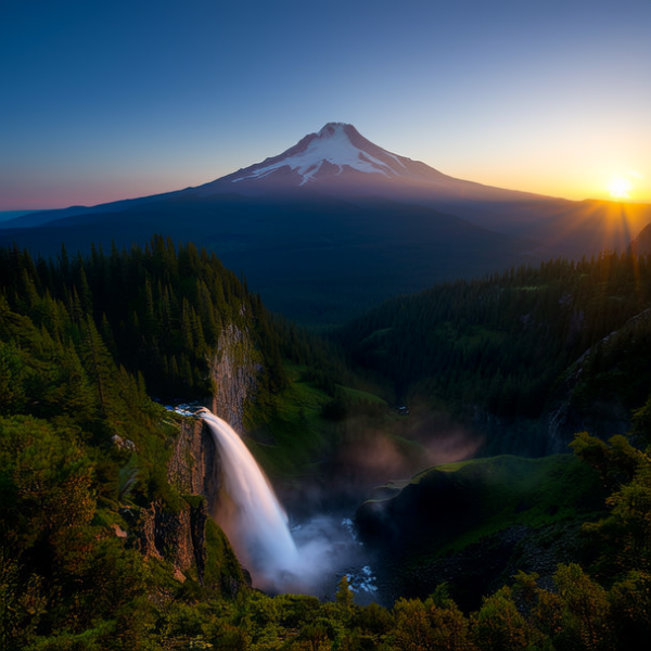 日出时美丽的瀑布和山峰自然景观